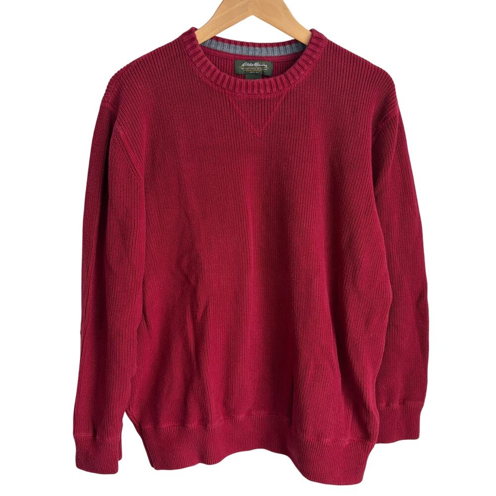Eddie Bauer Fishermans Sweater Large Cotton Crew  Pullover Cozy Cabin Cottage‎